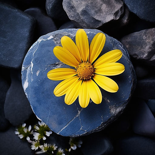 Yellow flower on blue stone circle, art decor photo-realistic