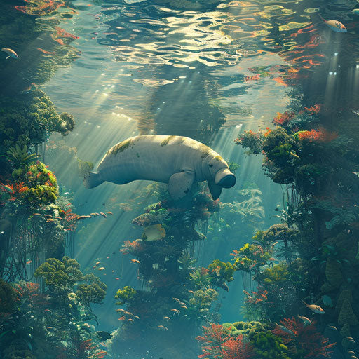 Dugong in a surreal, dreamy underwater landscape