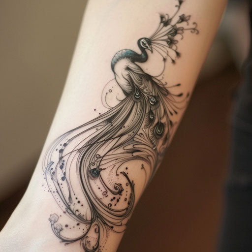 Stylized peacock tattoo with Art Nouveau influences on canvas