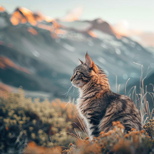 Brown cat sitting in front of mountain scenery
