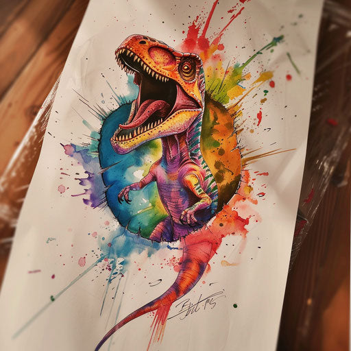 Surrealistic tattoo of dinosaur emerging from portal