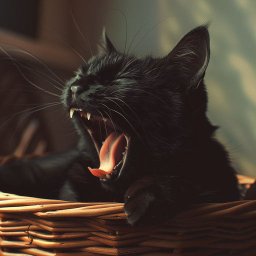 A black cat in a yawning basket