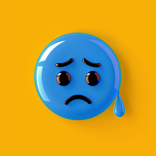 Sad emoticon with blue sadness and tears on yellow background