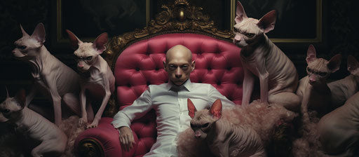 Sphinx cat on owner's lap, disfigured form, textured surface