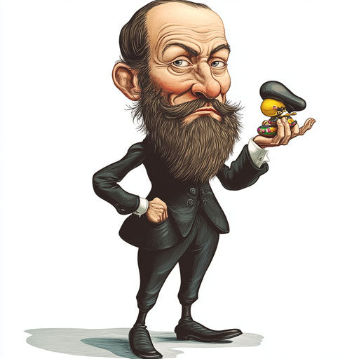 Humorous caricature of a Fyodor Dostoevsky caricature clipart with human characteristics, exaggerated long eyelashes, small feet, playing with a toy