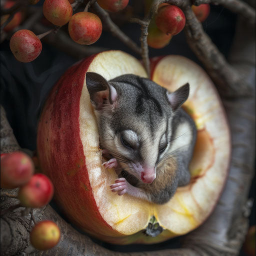 A flying squirrel napping in a cozy apple