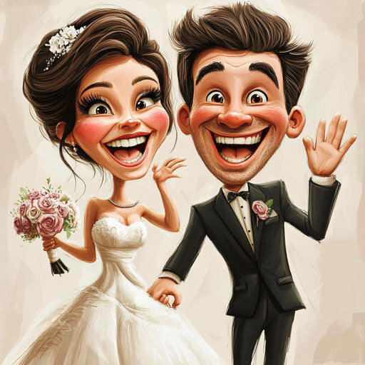 Humorous caricature of a wedding couple with exaggerated human characteristics
