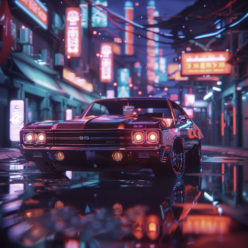 1969 Chevrolet Chevelle SS in a futuristic cyberpunk setting