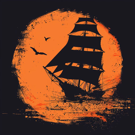 Sailing ship silhouette against sunset orange background