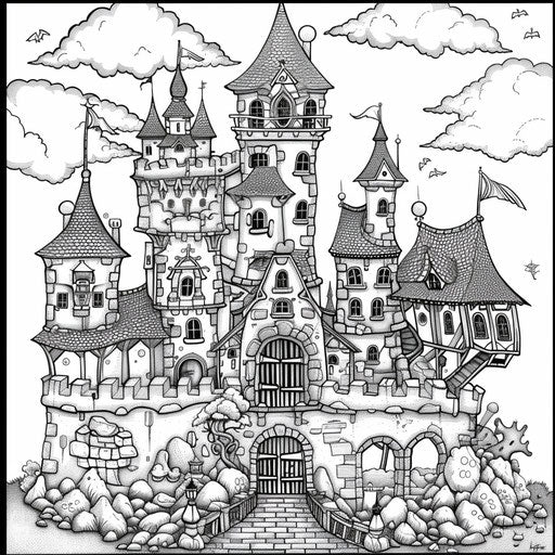Humorous castle scene with exaggerated features