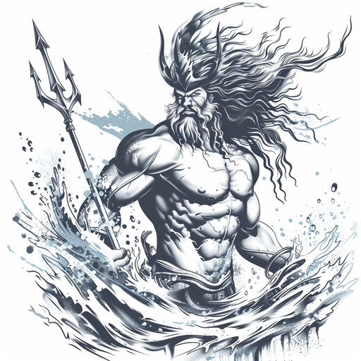 Illustration of Poseidon with his trident, a powerful Greek tattoo design, on pure white background
