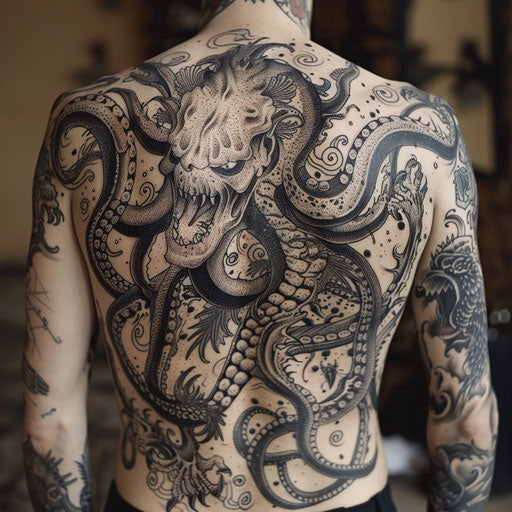 Men's back tattoos: dreamlike landscapes and fantastical creatures