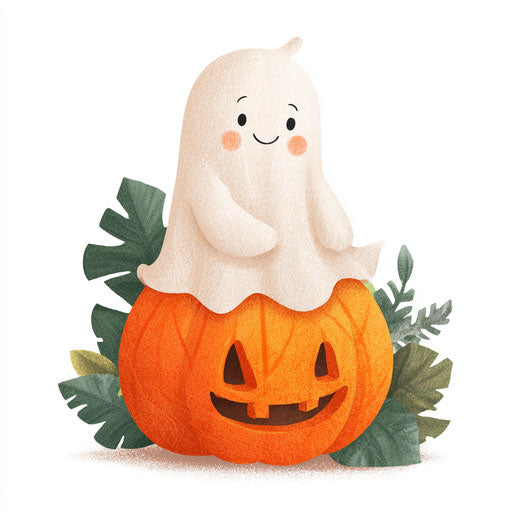 A friendly ghost sitting on a carved pumpkin