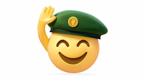 Yellow smiling face with army green beret saluting