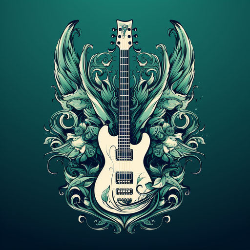 Tattoo of a winged guitar, dark green and light blue, retro rock