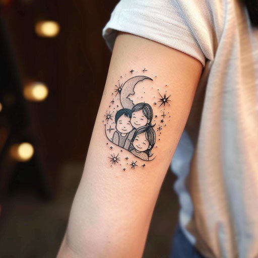Flat tattoo sketch for three children in celestial theme