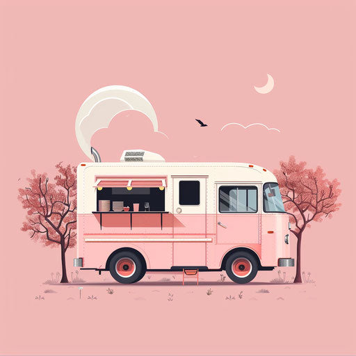 Realistic food truck clip art on dusky rose background