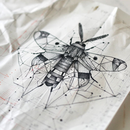 Geometric patterned death moth tattoo on white sheet