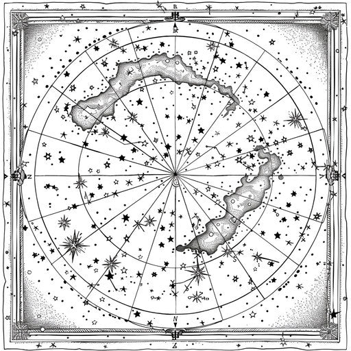 Constellation map with star formations labeled. Coloring book page