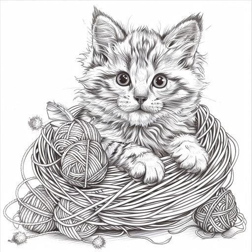 Playful kitten in yarn with balls of wool