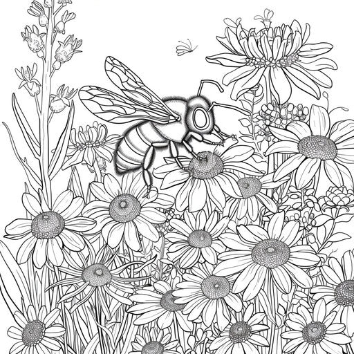 A bee pollinating a garden with various types of flowers. Coloring book page