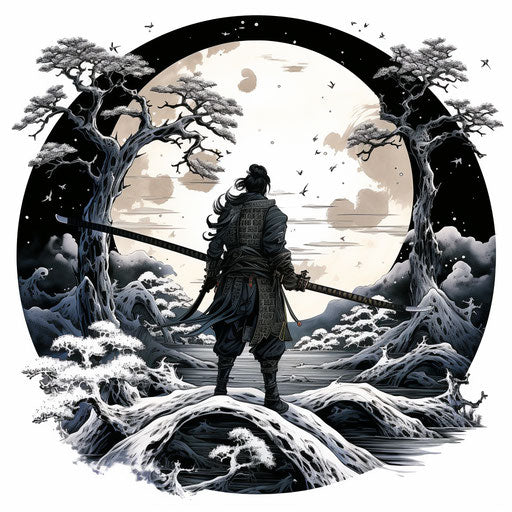 Samurai with swords on the moon, silkscreen style
