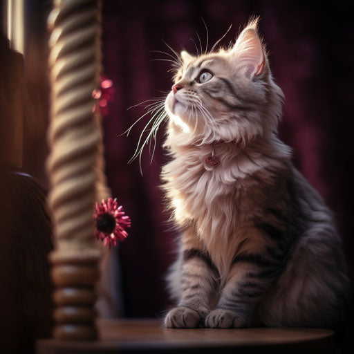 Cat on a scratching post looking up, light maroon and gray style, cute and dreamy