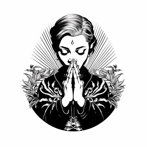 Black and white tattoo on a praying hand