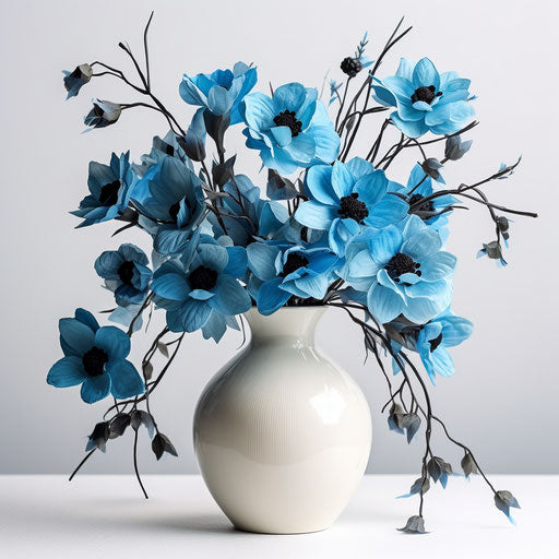Blue flowers in a vase on white table