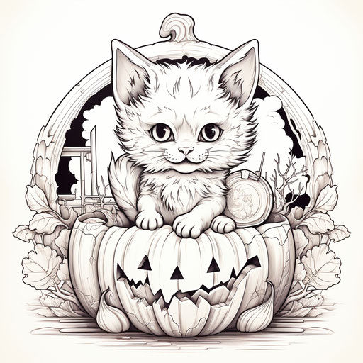 Halloween coloring page of a cat in a pumpkin, toy-like style, captivating