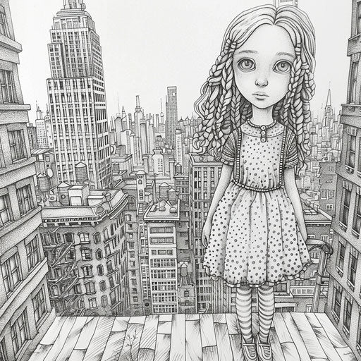 Detailed doll in urban cityscape, Stephen Wiltshire style