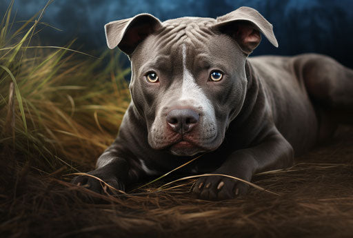 Gray and white pit bull terrier laying in the grass
