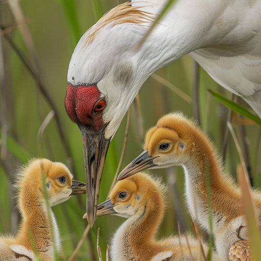 Intimate moment of a whooping crane feeding its chicks in marshland