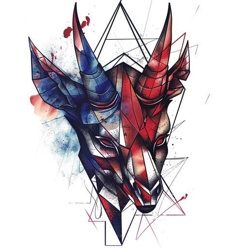 Geometric devil tattoo art with sharp angles and bold colors