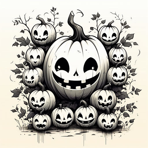 Cute pumpkin faces with black and white leaves
