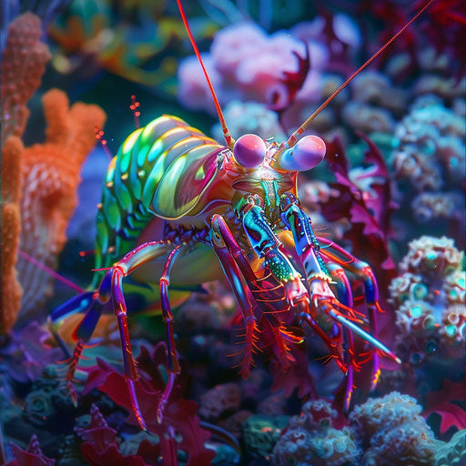 Mantis shrimp among vibrant seaweed, colorful and lively