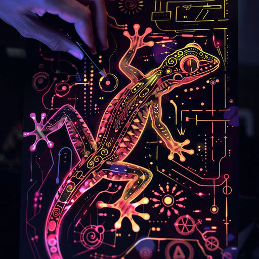 Futuristic flat tattoo sketch of glowing neon gecko