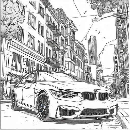 A BMW car in a detailed urban landscape with intricate buildings