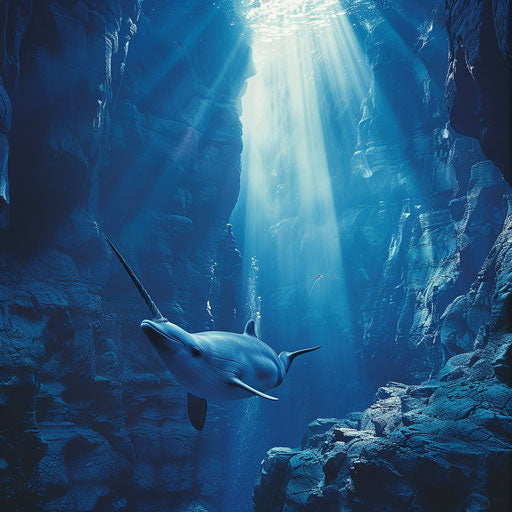 Narwhal swimming in an underwater canyon, rays of light