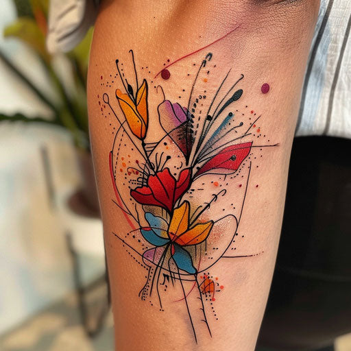Abstract wildflower tattoo, bold shapes, vibrant colors, artistic flair