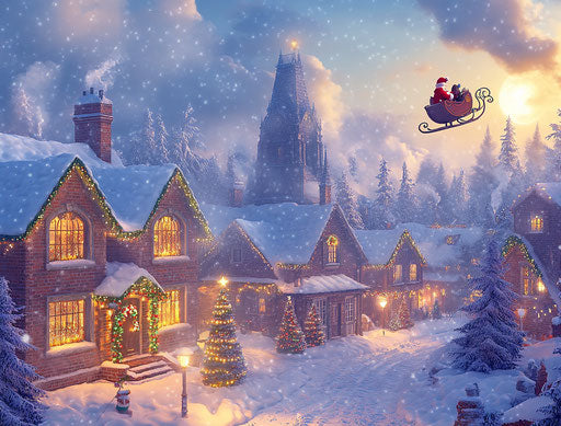 Christmas Village with Santa flying over houses