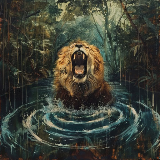 Lion's roar creating ripple effect in dense forest