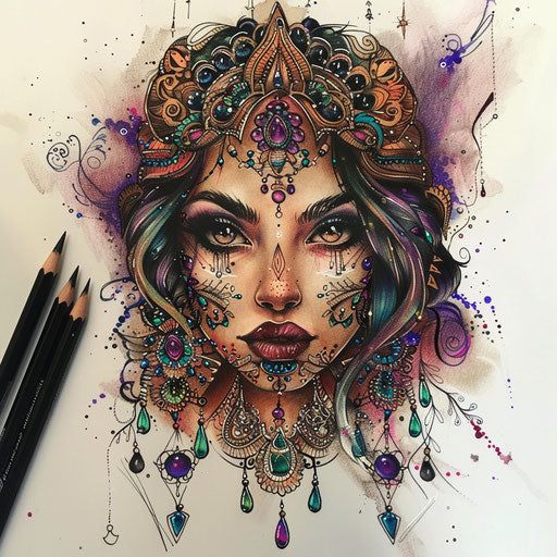 Bohemian chic flat sketch of a neda tattoo with jewel tones