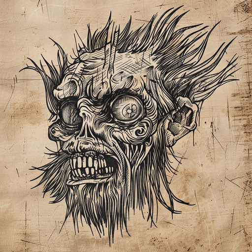 Rustic flat tattoo sketch of a shrunken head