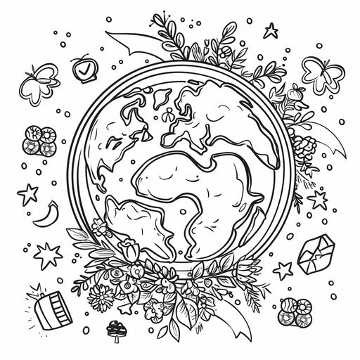Earth Day theme with planet surrounded by trees and flowers