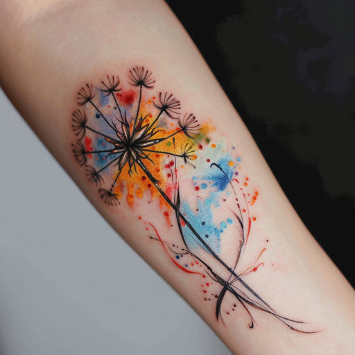 Abstract dandelion tattoo, blend of colors and shapes