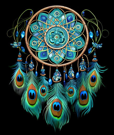 Colorful peacock feather dream catcher design, light emerald dark blue