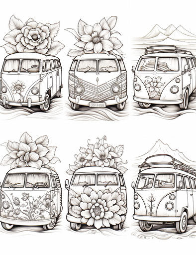 Floral print of a VW bus, clean and sharp inking style