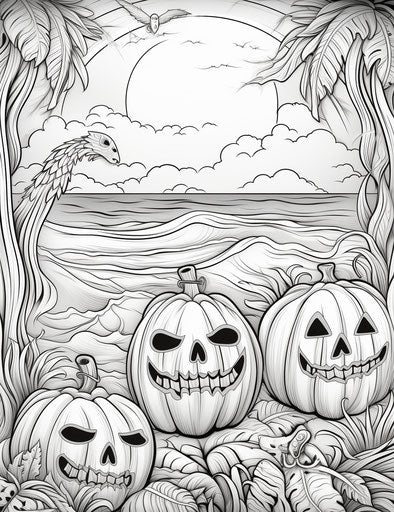 Halloween coloring pages on the beach, Randal Spangler style
