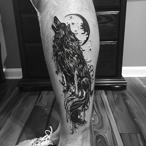 Spiritual tattoos of a wolf howling at the moon on the leg